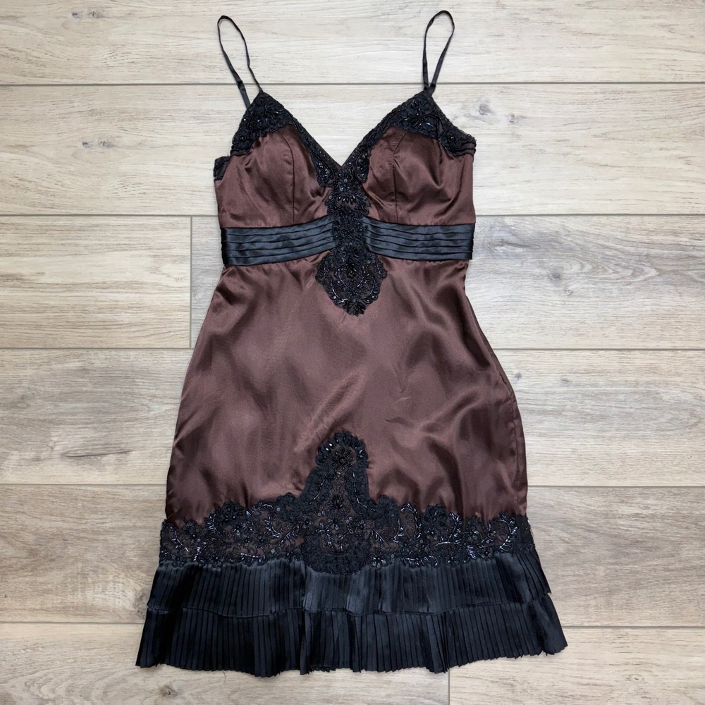 Sue Wong Nocturne Brown Beaded Pleated Ruffle Cocktail Mini Dress Whimsigoth